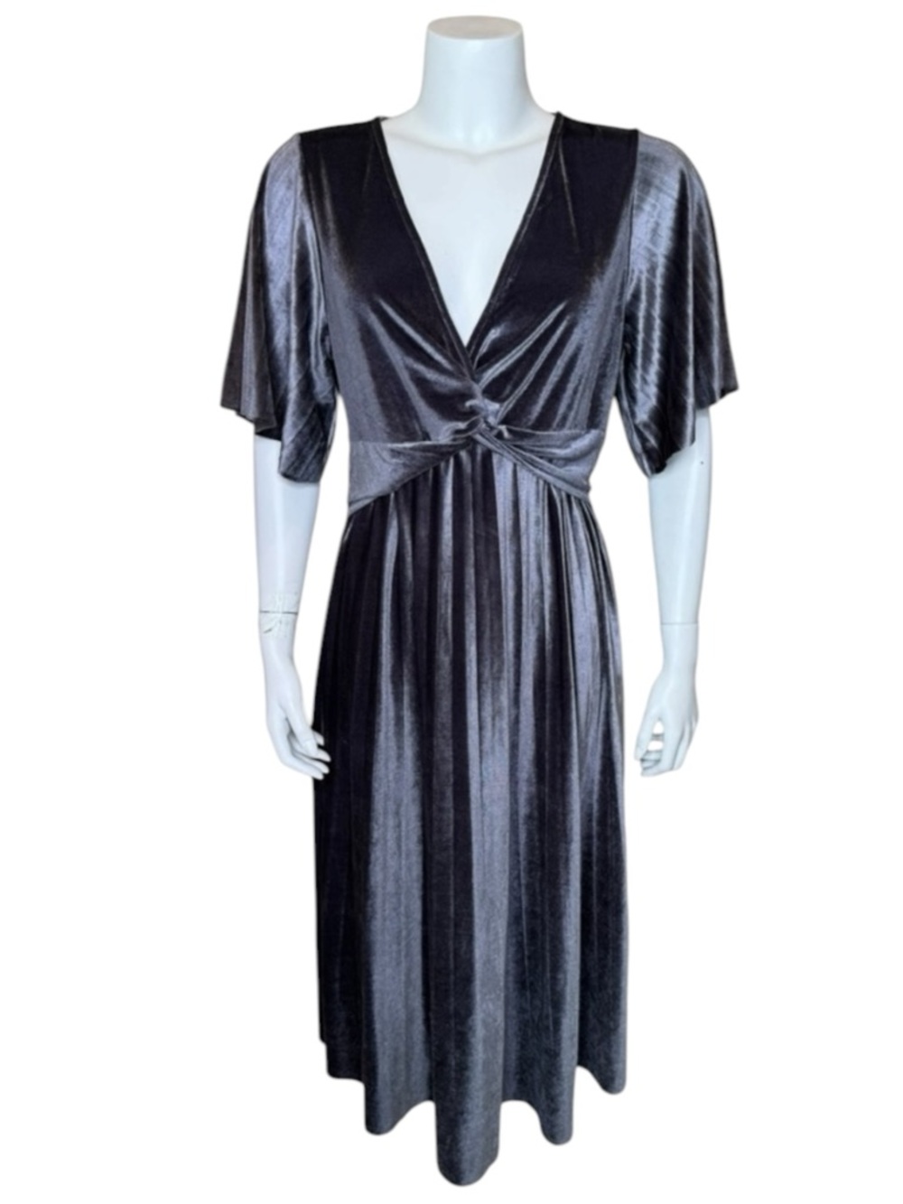 ASOS Velvet Midi Dress 6 Twist-Front Flutter Sleeve Pleated Gray